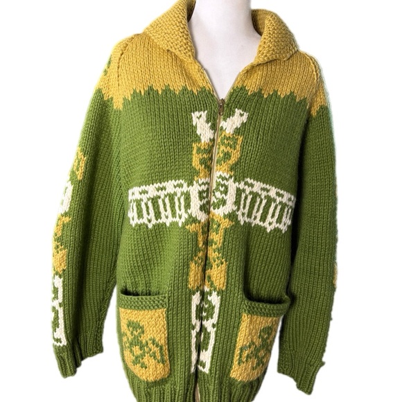 Vintage Cowichan Sweater Womens Size XL Green Totem Alaska Warm Heavy Cardigan